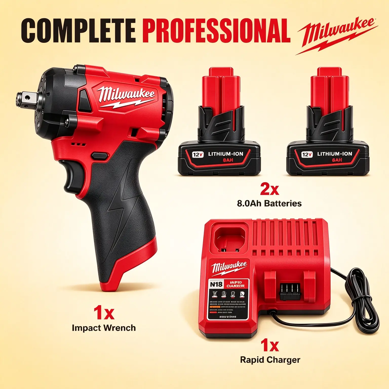 Milwaukee M12 12V Brushless Impact Wrench 300Nm High Torque 8.0Ah Battery, Compact 13.2cm Design for Auto Repair & Construction Work