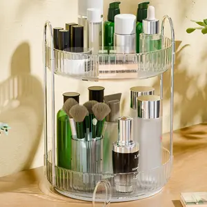 Rotating Makeup Organizer Countertop for Vanity, 2-Tier Large Skincare Perfume Organizer for Dresser, Clear Bathroom Cosmetic Display Cases for Skin Care/Lotion/Lipstick, Plastic