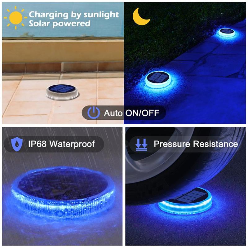 Large Round Blue and Warm Light Solar Ground Light, IP68 Waterproof Garden Decor, Automatic Outdoor Solar Deck Light for Pathways and Patios, 4/6 Pack with 30 LED for Long Lasting Illumination