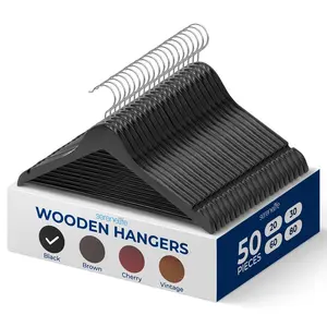 50 Pack Wooden Coat Hangers - Black | Durable, Heavy-Duty & 360° Swivel Hook Design - Space-Saving Closet Organizer Hanger with Pant Bar - For Coats, Jackets & Dresses - Everyday Use Household Essentials