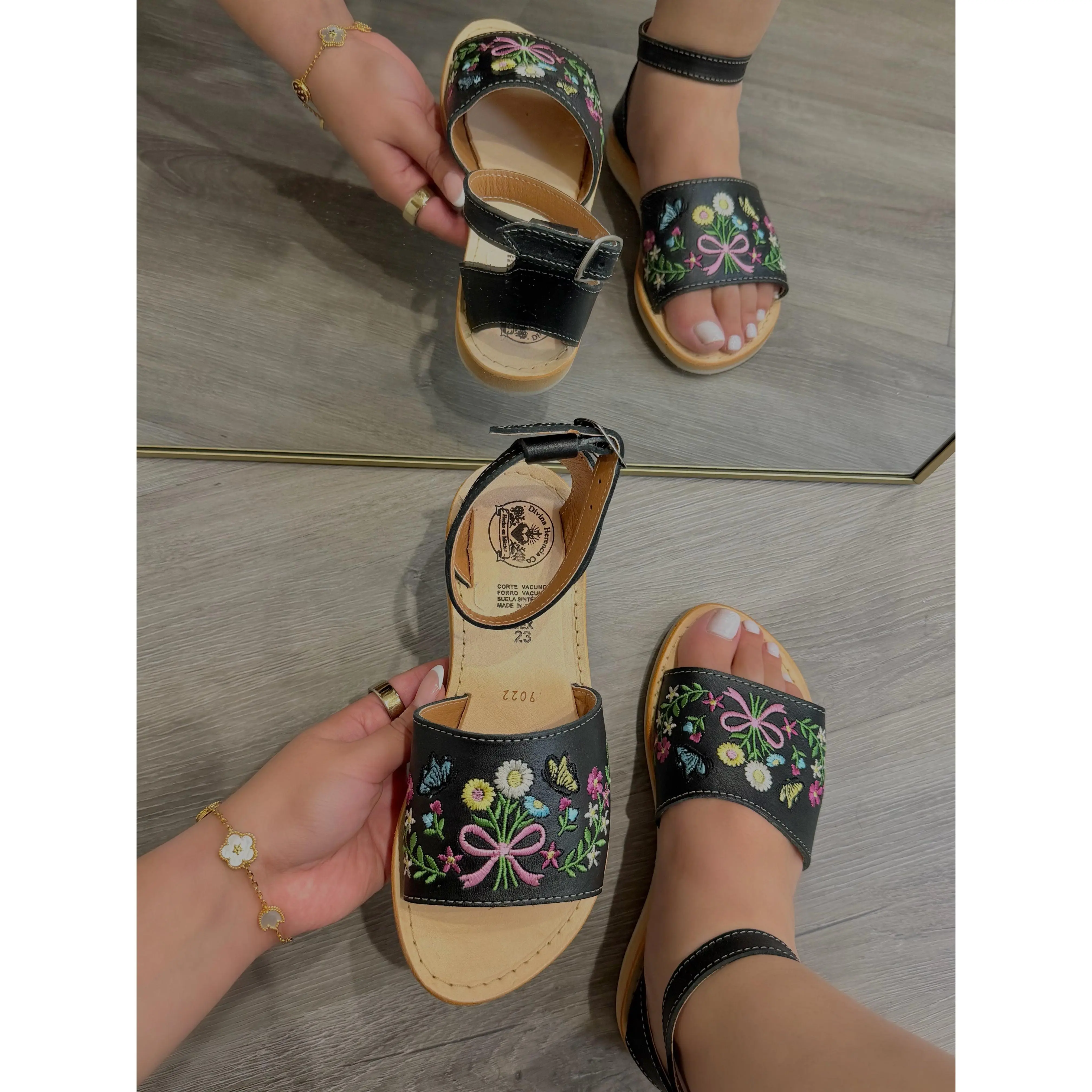 Colorful Florals and Butterflies Black Leather Huaraches