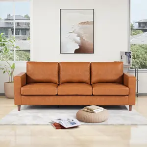Garvee Brown Leather Sofa, 83" Mid-Century Modern Couch, 3-Seater Sofa with Armrests and Comfy Cushions, Pu Deep Seat Sofas for Living Room, Bedroom, Office