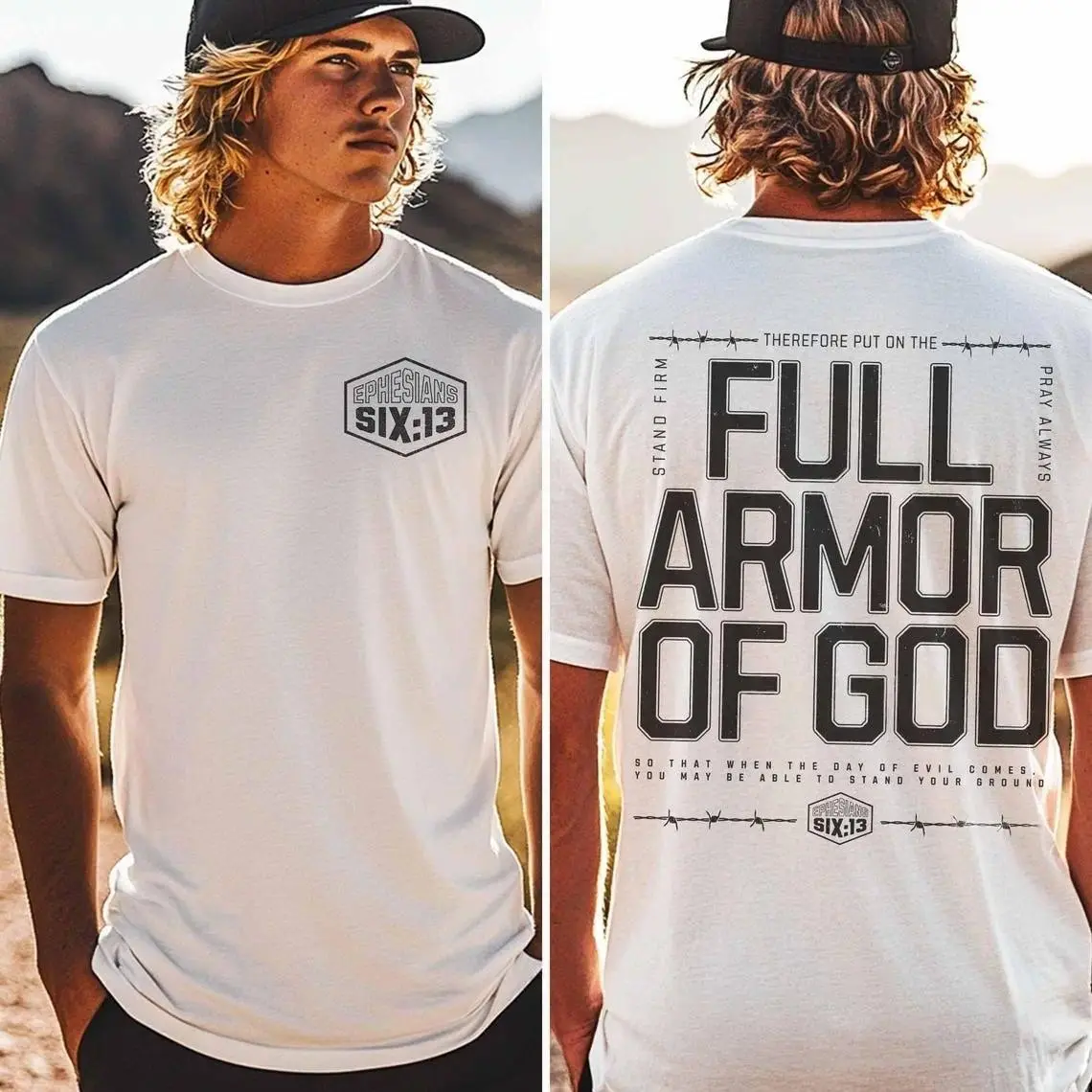Men's Unisex Cotton Graphic Tshirt - Ephesians 6:13 Armor Of God Bible Verse Print, Double-Sided Christian Faith, Loose Relaxed Fit, Stylish Soft Breathable Shortsleeve Crewneck, Outdoor Casual Streetwear, Religious Gift Top