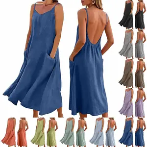 Women's Summer Linen Dress, Backless Strap Long Dress, Casual Home Wear