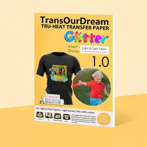 TransOurDream Glitter Heat Transfer Paper for Dark T-Shirts, 20 Sheets 8.5x11" Inkjet Printer Iron-On Transfers, Shiny Washable DIY Custom Wear Gifts