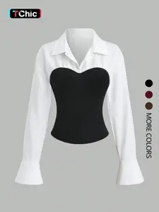 This women's white slim long-sleeved blouse with puff sleeves and patchwork, Casual elegant and versatile, suitable for everyday wear and various occasions.