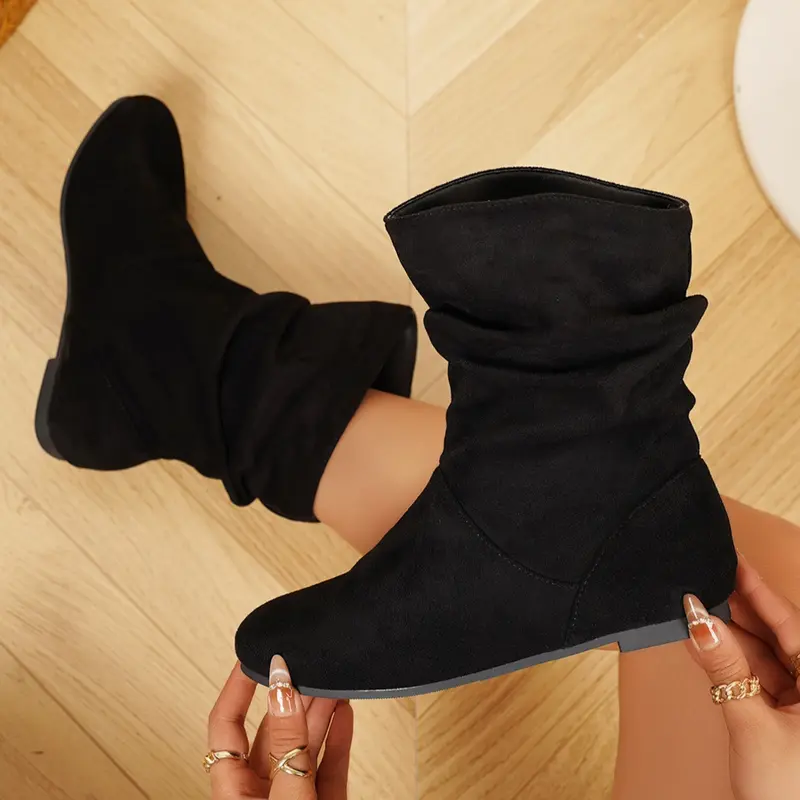 Women's Fall Winter Low Top Boots, Faux Suede Pleated Boots, European Style Short Boots, Vintage Wrinkle Boots, Outdoor Casual Fashion Boots, Rubber