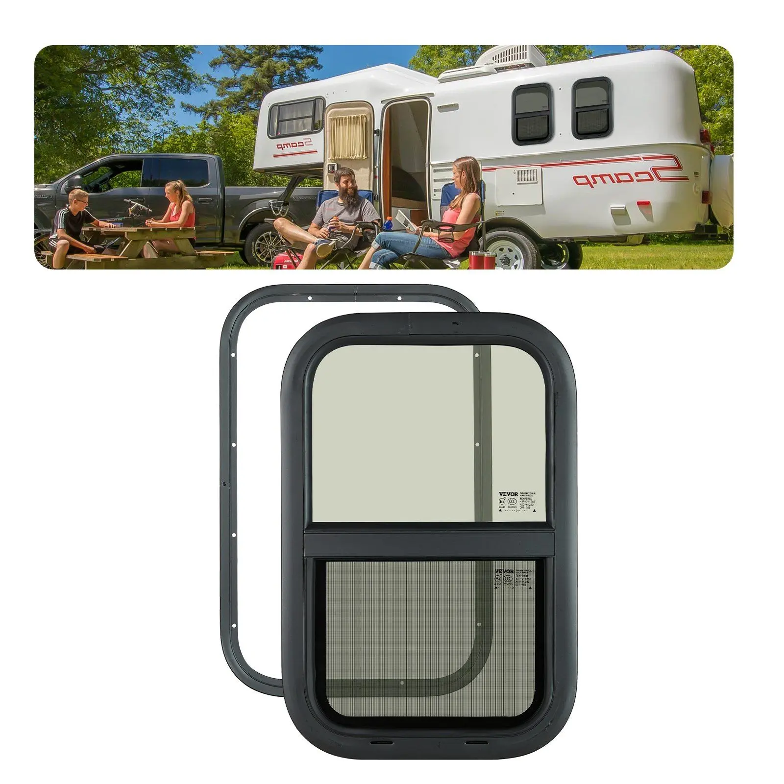 VEVOR Vertical RV Window, 14" W x 22" H (14x22 inch) Tinted Glass Sliding Window with Net Screen, Trim Ring, Enhanced Privacy Protection & Explosion-Proof Tempered Glass