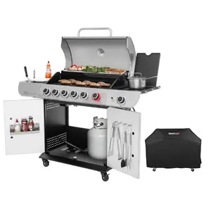 Royal Gourmet  6-Burner Gas Grill with Sear Burner and Side Burner, Stainless Steel Cabinet Style Gas Grill with Cover, 71,000 BTU Output, for Outdoor Patio Garden Picnic Backyard Cooking, Silver