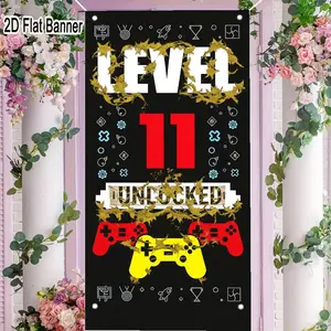 2D flat banner, 1pcLevel 11 Unlocked Video Game Banner - Gaming Party Decorations, Red Controllers & Golden Icons Backdrop for Gamersgalentines party decor, valentine day decor, decorations for valentines day
