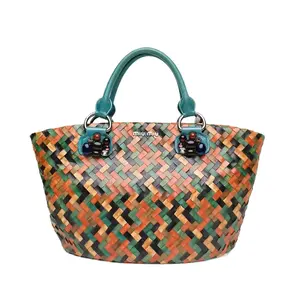 Pre-owned miu miu leather Tote Bags color blocked woven handbag Colorblock Calfskin P226764644