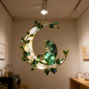 Birthday Gift, Moon Cat Acrylic Suncatcher, Ivy Botanical Window Hanging, Celestial Prism Light Catcher, Cat Lover Wall Decor