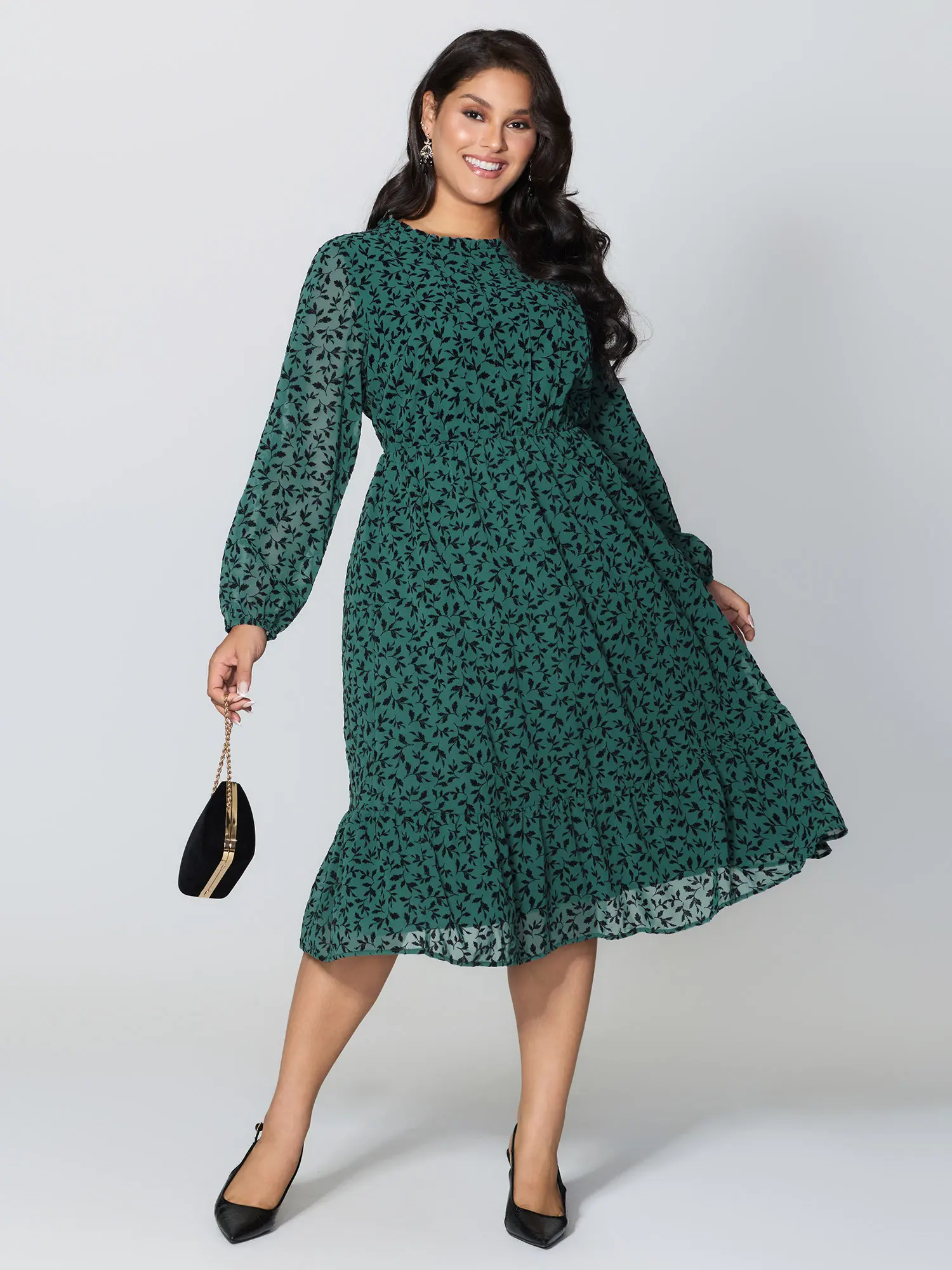 BloomChic Plus Size Simple Midi Dress with a Timeless Leaf Pattern, Lace Collar, Long Sleeves and Side Pocket, Everyday, Comfy, Breathable, Fit, Ruched, Smooth, Polyester, Fabric, Casual, Curvy Dresses Plus Size, Classic, Regular