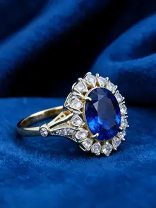 Oval Blue Cubic Zirconia Solitaire Ring, Gold Plated Sparkling Setting for Women, Romantic Anniversary Jewelry Gift for Her