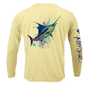 Sword Painting Long Sleeve Top - Yellow Fabric with Fish Graphic - Long Sleeve Men's Top - Stretch Fabric for Comfort