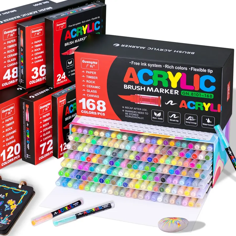 Guangna Acrylic Paint Markers Set, 12-168 Colors, Smooth Flow Ink, High Coverage, Stacking Colors, Ideal for Canvas, Rock Art, Wood, DIY Crafts, Art Drawing Supplies, Art Materials, Acrylic Art Kit