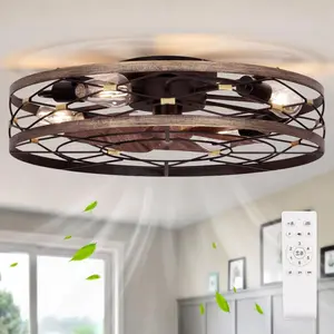 21.7" Farmhouse Flush Mount Caged Ceiling Fans with Lights and Remote, Low Profile Fandelier Ceiling Fan with Light, Small Rustic Bladeless Ceiling Fan with Light for Kitchen, Bedroom, 6 Speeds