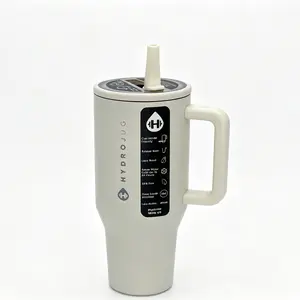 HydroJug Traveler - 40 oz Cream Water Bottle with Handle & Flip Straw - Fits in Cup Holder, Leak Resistant Tumbler-Reusable Insulated Stainless Steel & Rubber Base - Gifts for Women & Men,