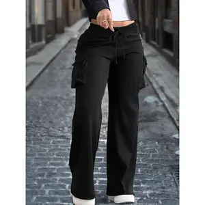 Stylish & Comfortable Plus Size Women's Elegant Black Cargo Pants - Soft Knit Fabric, Multi-Pocket Design, Drawstring Waist - Utilitarian Style, Everyday Comfortable Wear, Glossy Texture