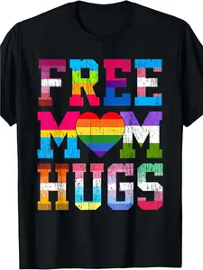 's Free Mom Hugs Rainbow Pride T-Shirt - + Ally Rights, Multicolor Block Letter & Pride Flag Design, Comfortable Cotton Crew Neck Short Sleeve, Regular Fit Casual Top for Moms & Allies
