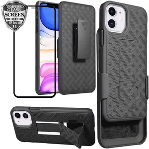 Compatible with  11 with Screen Protector, iPhone11 Belt Clip Holster, Kickstand Holder Rugged Full  Shockproof Armor 2in1 Slim Protective Cover for  11 6.1 inch - Black