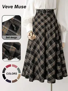 Women's Belted High Waist Plaid A-Line Midi Skirt Vintage British Style Checked Flared Skirts Office Workwear Business Casual Elegant Dark Academia Preppy Aesthetic Modest Daily Outfits Old Money Spring Viral