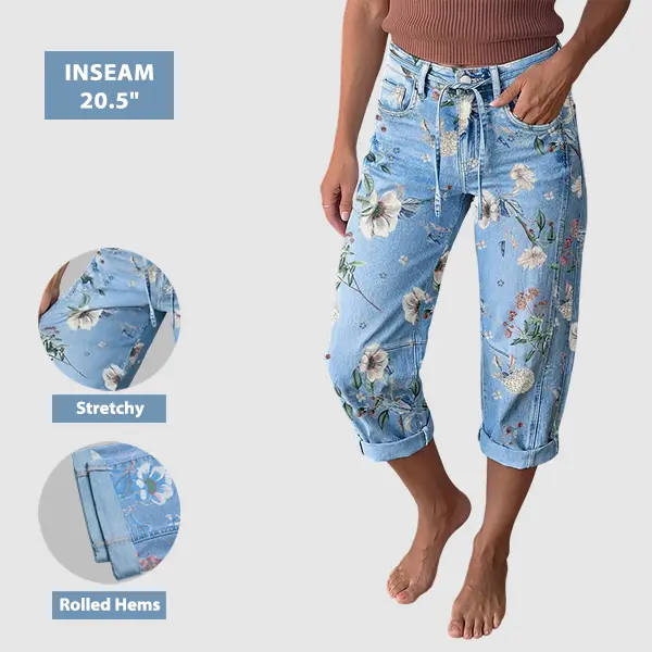 Flamingals Floral Pattern Drawstring Stitch Detail Mid Waist Barrel Leg Capri Jeans Womenswear Stretchy 20.5" Inseam