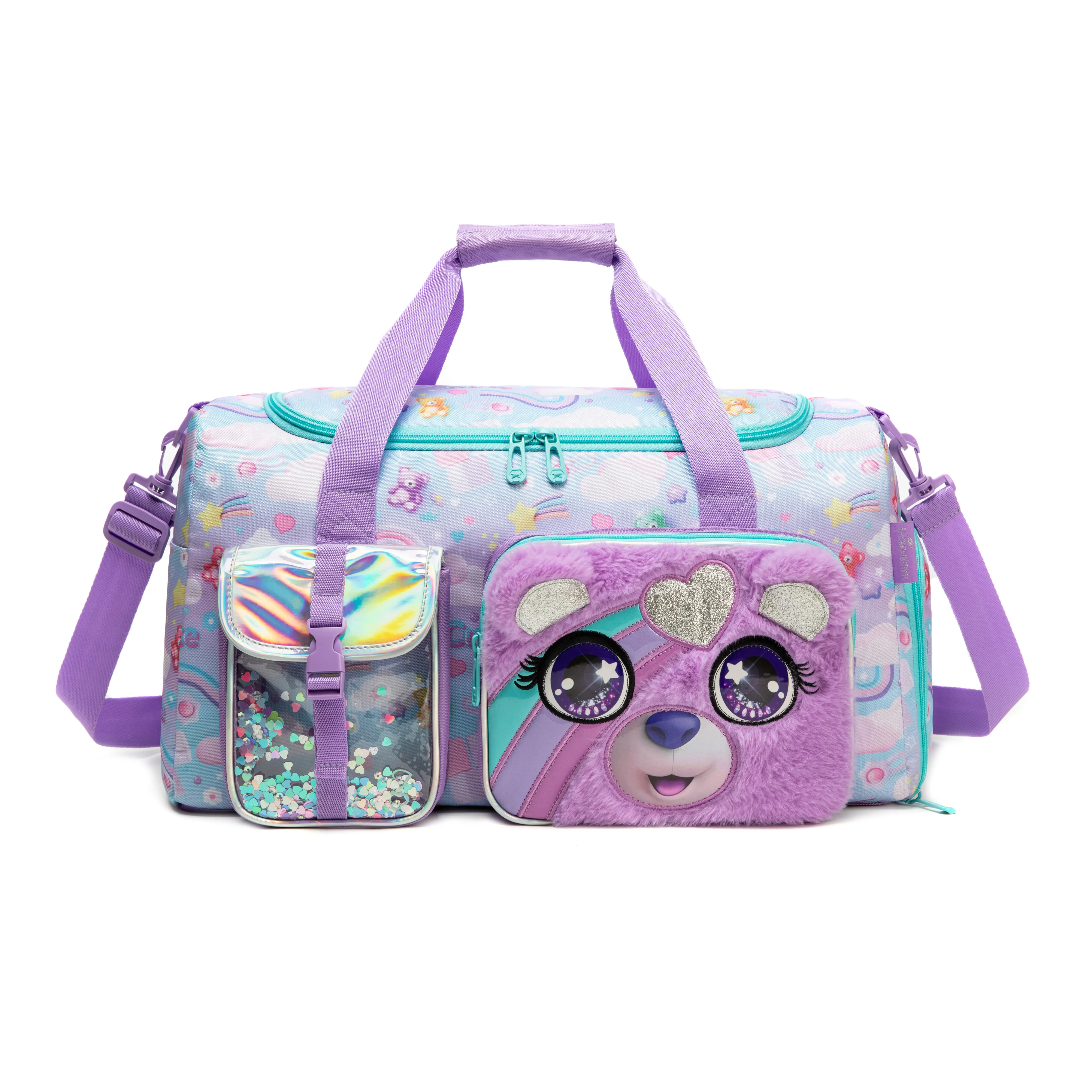 Kids Cute Plush Bear Duffle Bag | Purple Girls Weekender Travel Tote Bag with Strap | Liquid Glitter Overnight Carry-On Bag for Camp, Dance & Vacation
