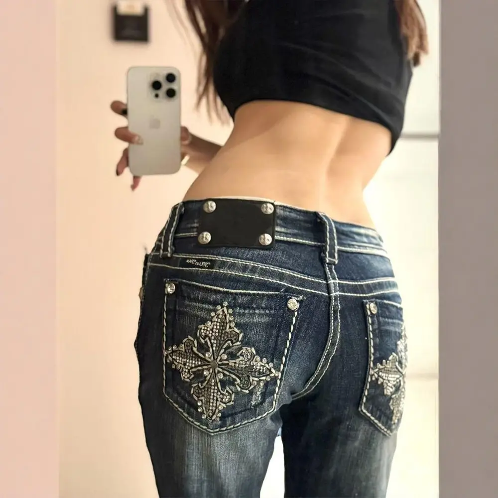 Y2K Contrast Stitch Low Rise Flare Jeans Women, Dark Blue Washed Stretch Bootcut Denim Trousers, Thick White Topstitch Pocket Slim Hip Full Length Bell Pants for Coquette Indie Y2K Daily Street Outfits