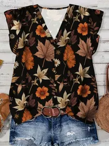 Women's Casual Loose Fit Short Shirt Blouse with V-Neck & Hooded Sleeves, Vintage Floral Print Design, Ideal for Summer Wear, Tops