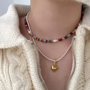 Women’s Colorful Glass Pearl Necklace - Ethnic Minimalist Casual Essential