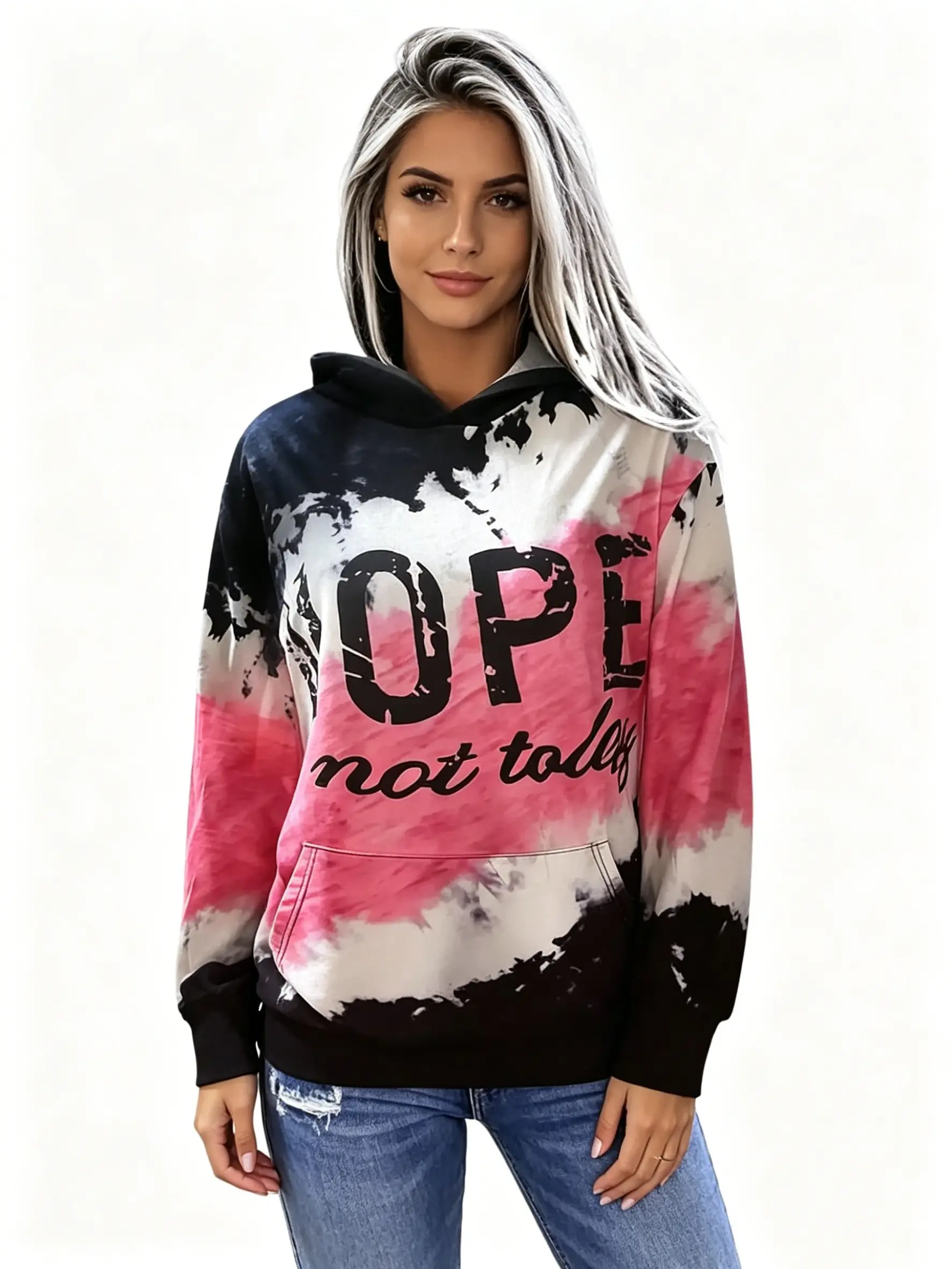 Women's Black Pink Tie Dye Print Hoodie Pullover Cowgirl Style Hooded Sweatshirt,Casual Long-Sleeved,Winter Clothes for Women