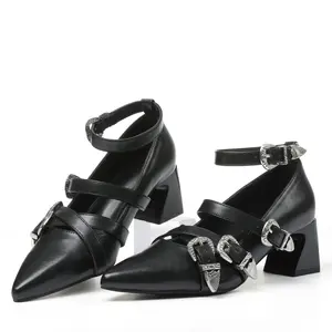 Women's Multiple Buckles Square Heel Mary Jane Shoes Buckle Ballet Pointed Toe Ankle Strap Fashion Comfortable Thick Heel Party goth Dress Shoes