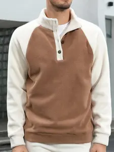 New Men's Casual Sport Pullover, Four Button Stand Collar Sweatshirt, Trendy Outerwear for Daily Wear, Comfortable and Stylish