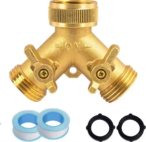 Brass Garden Hose Splitter (2 Way), Solid Brass Hose Y Splitter 2 Valves with 2 Extra Rubber Washers (Brass)