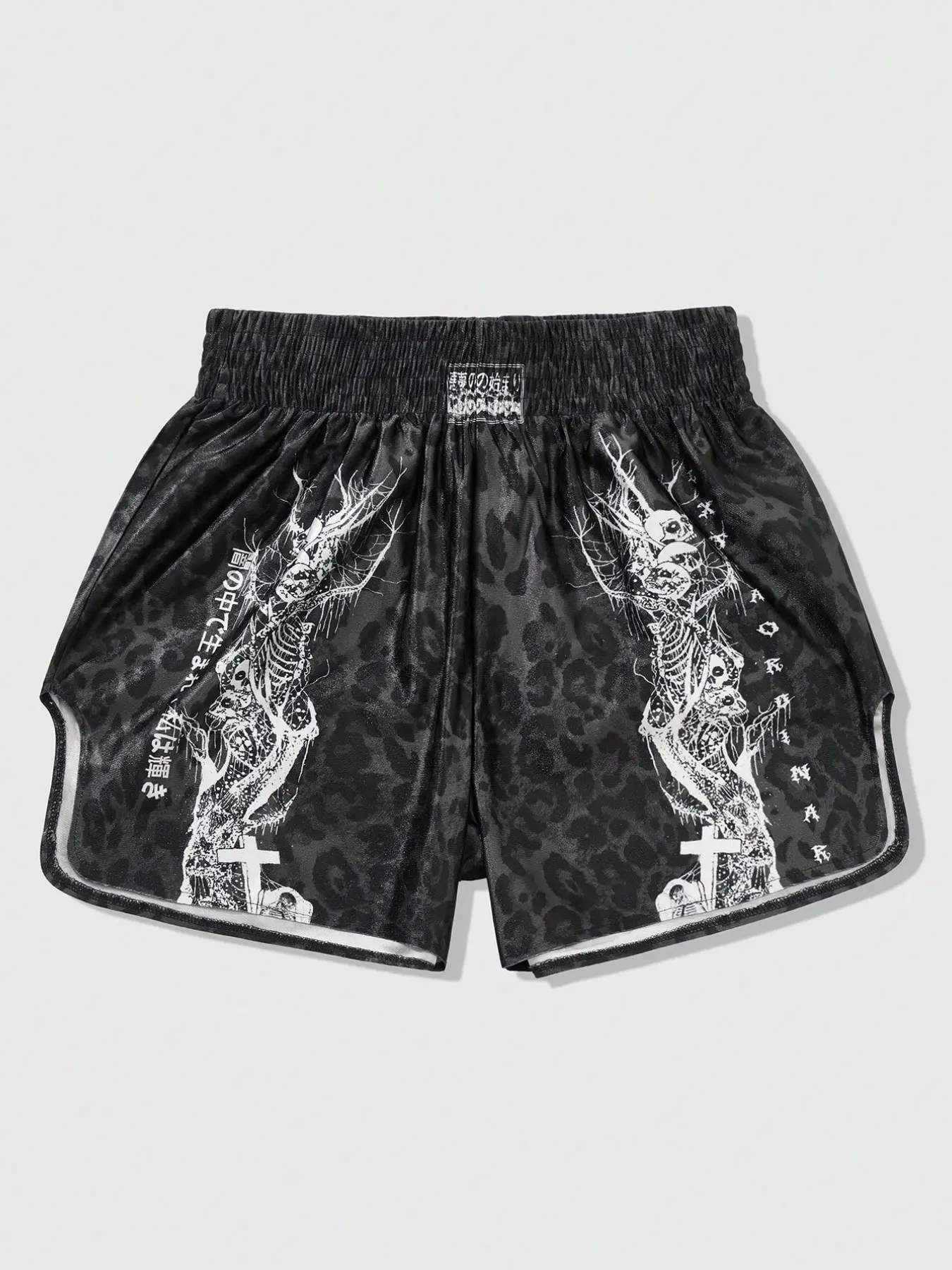 Grunge Y2K Skeleton Print Muay Thai Shorts, Drawstring Sports Shorts, Black Leopard Gothic Streetwear Mid Waisted Shorts, Elastic Waist Split Hem, Breathable Printed Shorts, Breathable Lightweight Shorts for Workout Summer Rave EMO Alt Fashion