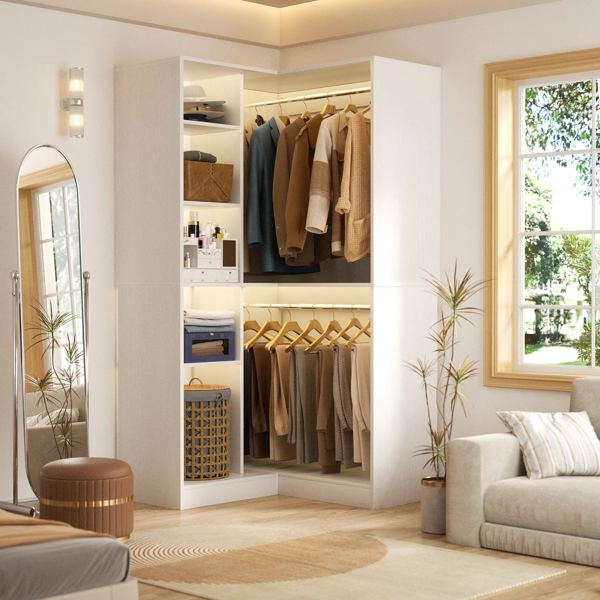 36" Corner Closet System with 2 Hanging Rods and Adjustable Storage Shelves, Freestanding Walk-in Closet Organizer System Corner Wardrobe Rack