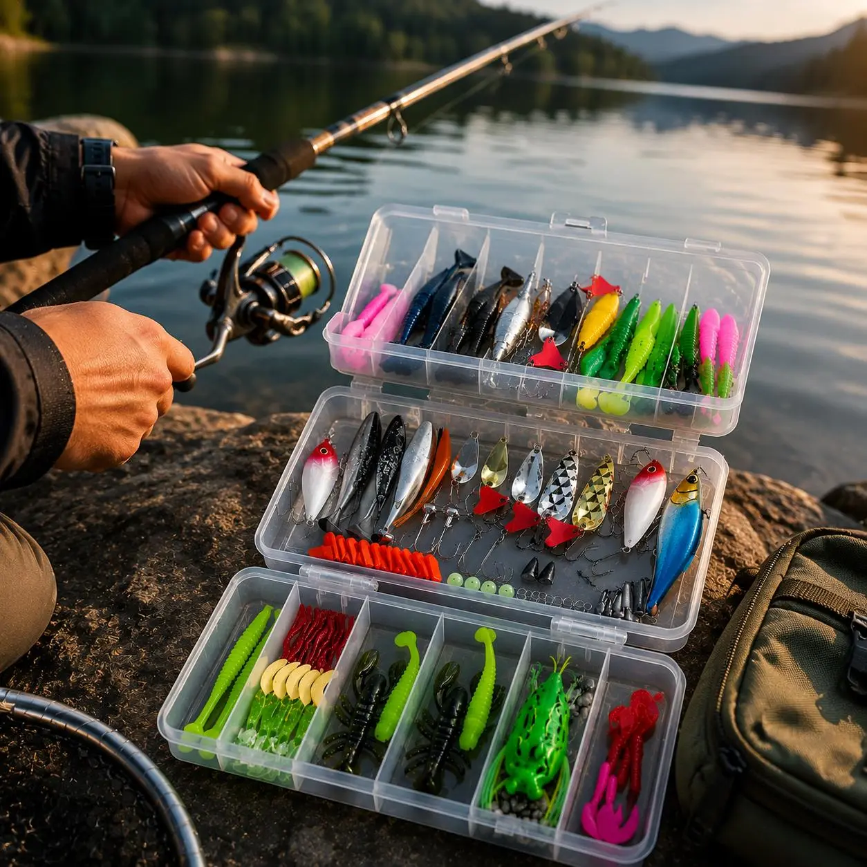 133-piece fishing kit — includes rotating lures, wobblers, lead weights, hooks, and a storage box; an excellent freshwater beginner set