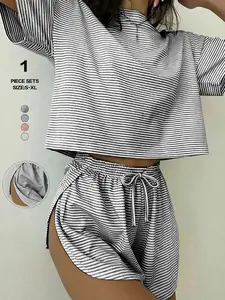 Women's Striped Print Drop Shoulder Tee & Wrap Split Shorts Pyjama Set, Casual Comfy Round Neck Short Sleeve T-shirt & Elastic Waist Shorts Pj Set, Summer Outfits, Loungewear