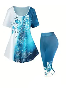 Plus Size Womenswear Colorblock Butterfly Floral Print Fitted Scoop Neck Tee & Skinny Capris Pants Set, Plus Casual Short Sleeve T-Shirt & Capri Trousers for Summer