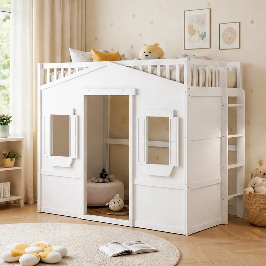 Sturdy Pine Wood Twin Size Modern Arch Loft Bed with Ladder, Guard Rails, 13-Slat Support System, No Box Spring Needed, Wipe-Clean Surface, Assembly Required for Teens, White Indoor Bedroom Frame (77.5x42.8x65 in)