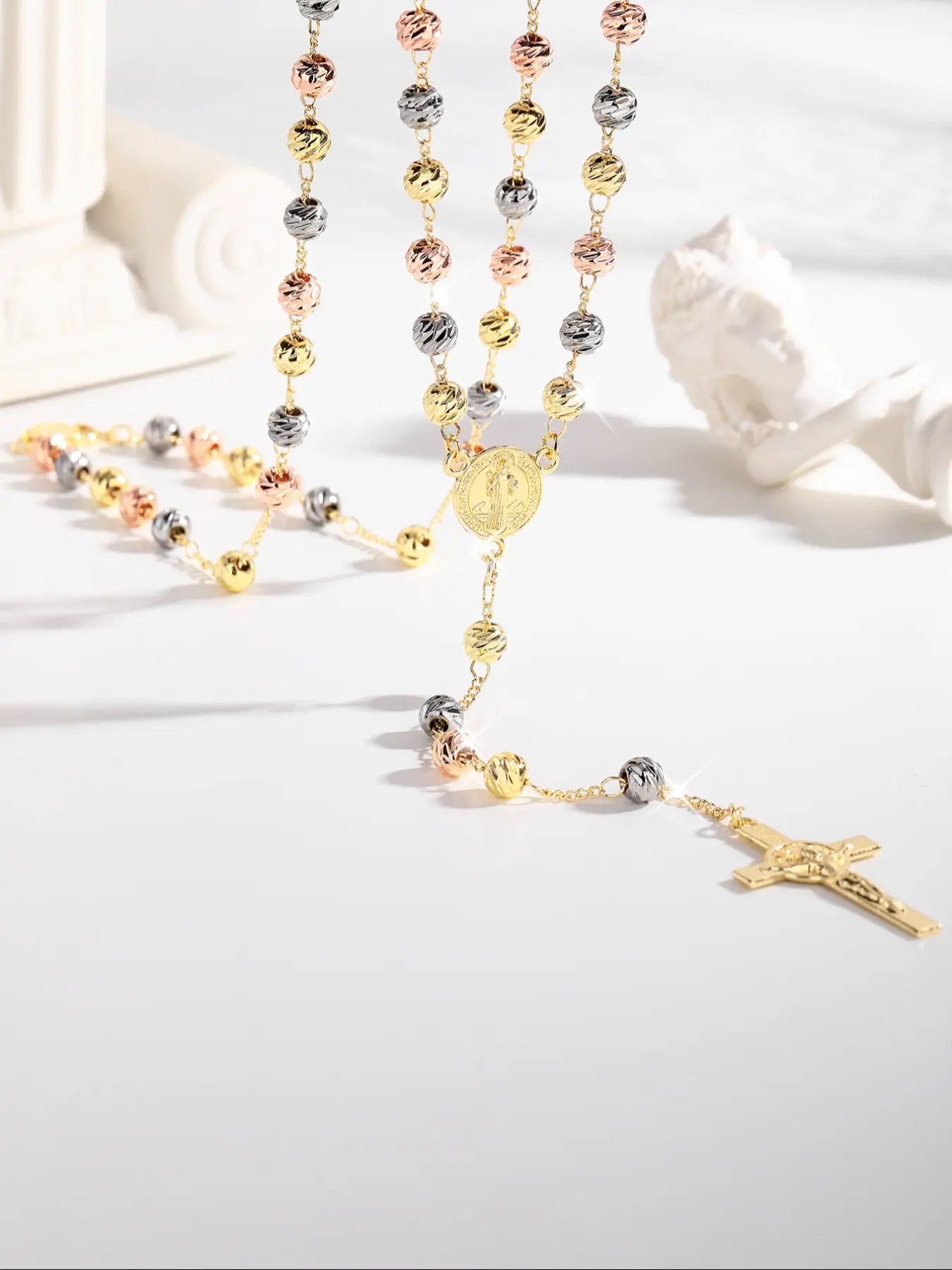 Fashion Three-Color Beaded Saint Benedict Charm Necklace, Cross Chain Design, 6mm Round Beads Jesus Cross Pendant, Women's Holiday Gift Jewelry, Trendy Charms Necklace, Cross Necklaces, Fashion Accessory Necklace
