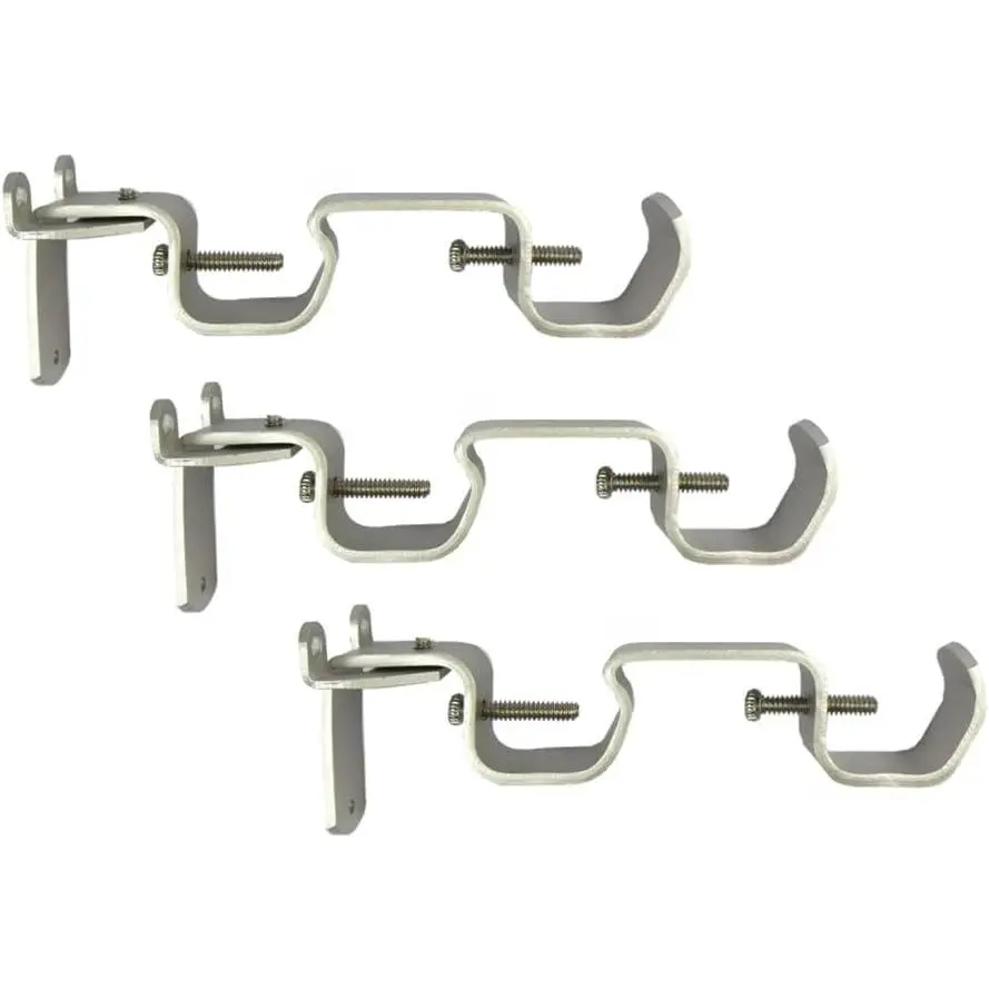 Double Rod Curtain Brackets, Set of 3 - Nickel Finish, Heavy-Duty Steel, No-Drill Option with Anchors & Hardware
