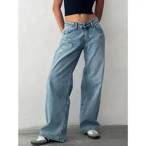 Women'S Light Blue Low-Rise Jeans - Non-Stretch Water-Washed Straight-Leg Wide-Leg Pants, Vintage Minimalist Jeans for Everyday & Formal Outfits, All-Season Non-Stretchy Leg Pants with Pocket Details - Casual Streetwear Jeans, Low Rise Jeans, Versatile Cl