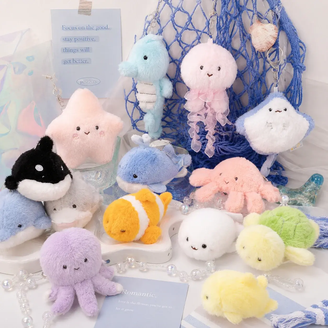 Soft Ocean Animal Plush Keychain Small Turtle Kawaii Fluffy Whale Keyring PP Cotton Octopus Press Sound Pendant Birthday Gift