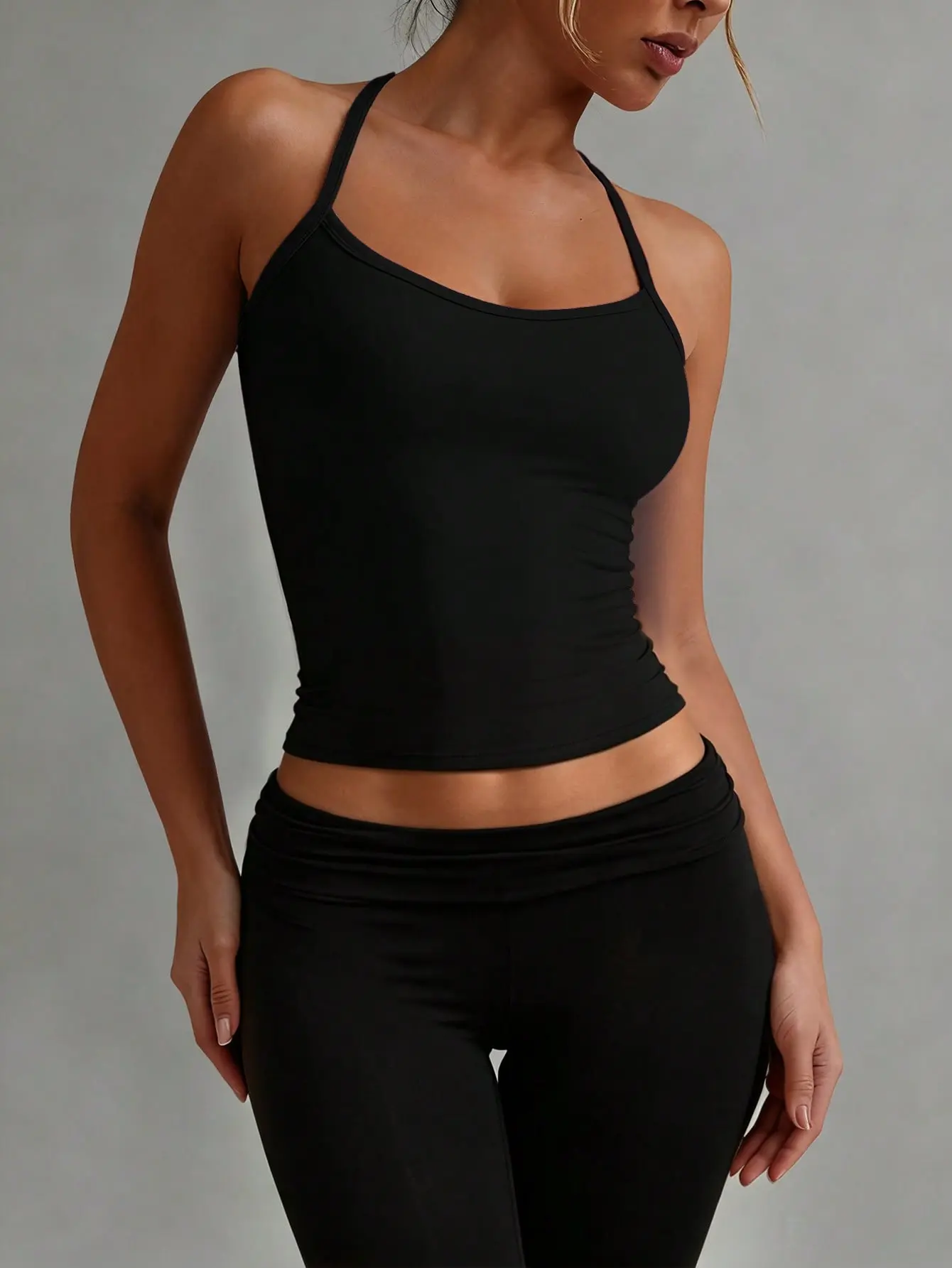 Women’s Black Criss Cross Backless Camisole, Spaghetti Strap Stretchy Fitness Tank Top, Minimalist Solid Color Sleeveless Sports Shirt for Summer, Yoga, Workout & Casual Wear