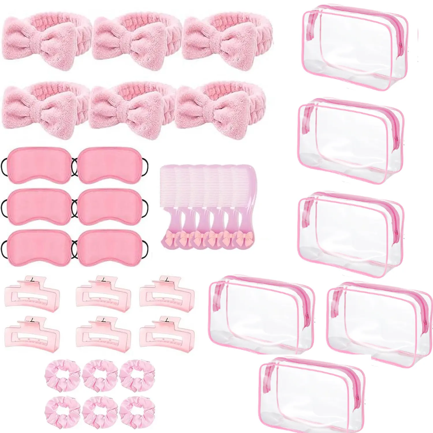 36pcs Sleepover Party Supplies 6 Pink Spa Headband 6 Pink Plush Sleep Eye Mask 6 Velvet Scrunchies 12 Wristband 6 Clear Cosmetic Bags for Slumber Spa Party Favor Gift Skincare Makeup for Christmas, Newyear, Valentine, Party Events