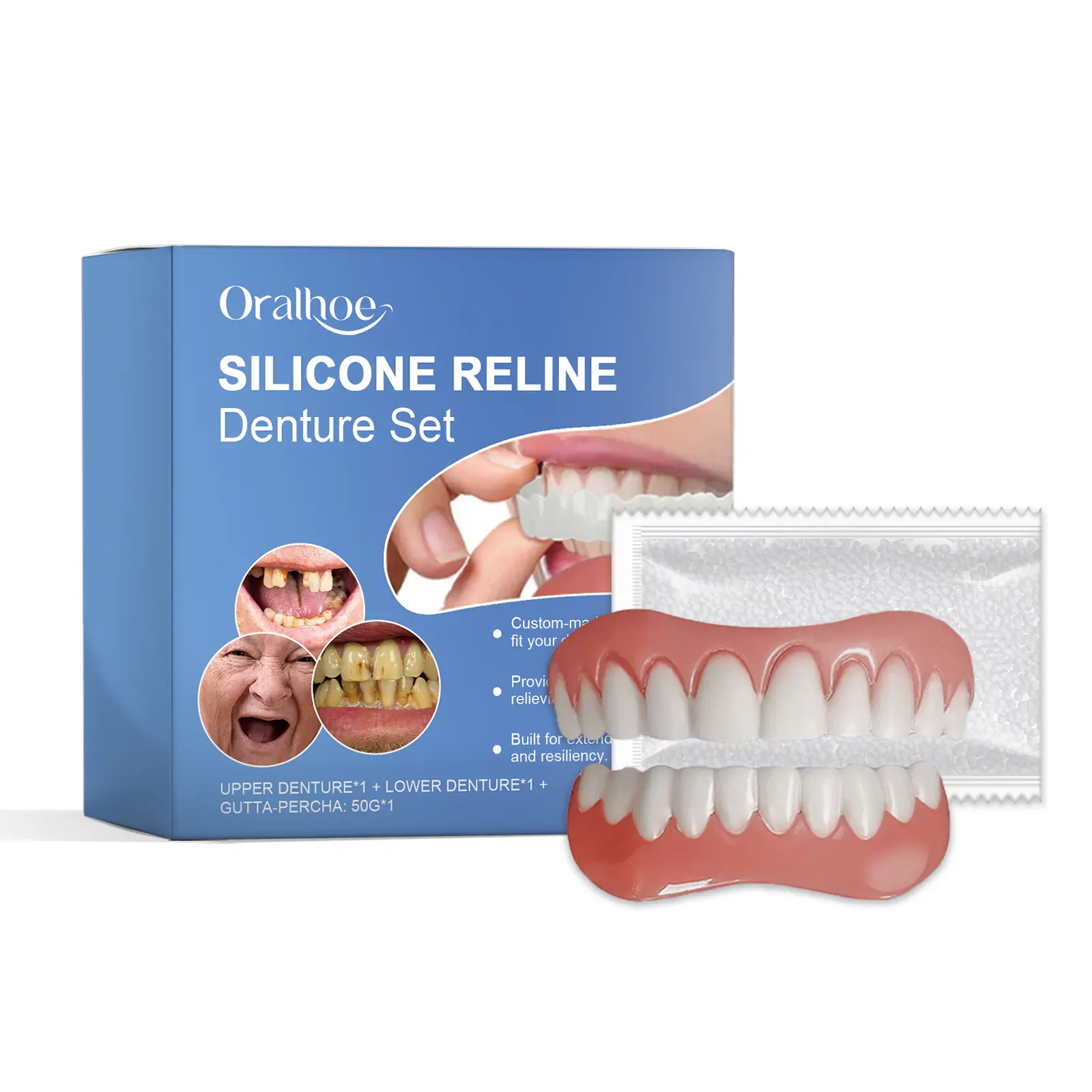Oralhoe Silicone Resin Denture Set, Enhance Smile Appearance Comfortable Material Denture Beauty Care Moldable False Teeth