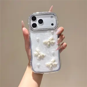 Elegant Cream Pearl Bow Phone Case for iPhone 17 Pro Max, Luxury Simple Design, Anti-Drop Protection, Unique Gift for Women