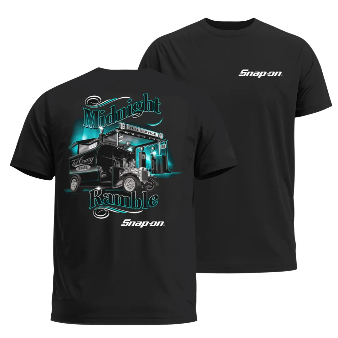 [SNAP ON] Midnight Ramble Vintage Garage T-Shirt, Classic Service Truck Graphic Tee, Retro Mechanic Shirt for Men, Gift for Car Guys & Night Drivers